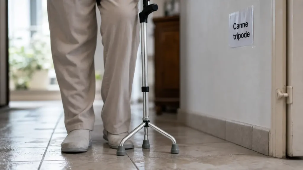 Canne à 3 pieds matériel médical : stabilité, embouts antidérapants en intérieur