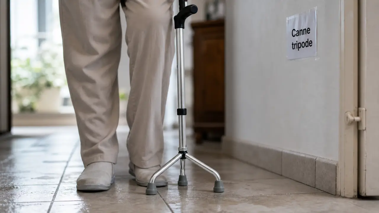 Canne à 3 pieds matériel médical : stabilité, embouts antidérapants en intérieur
