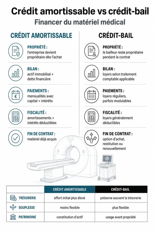 Comparatif financement matériel médical : crédit amortissable vs crédit-bail