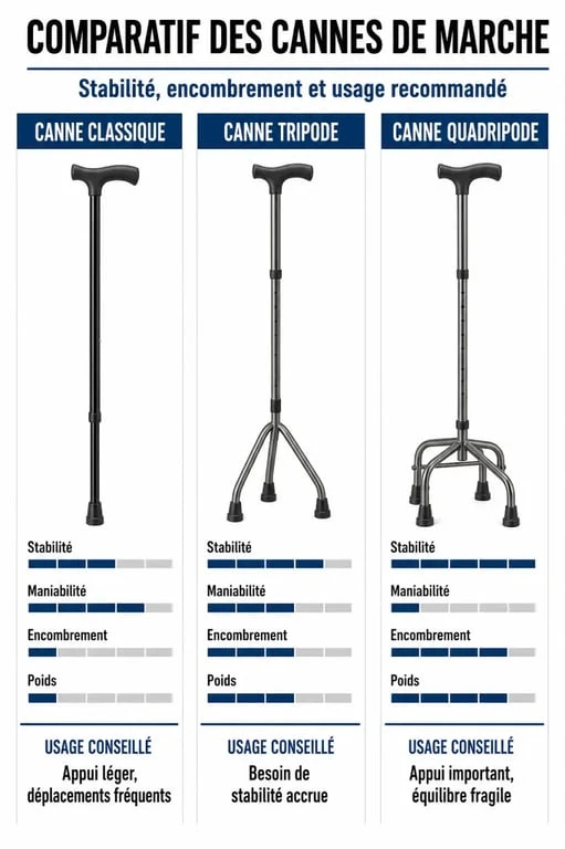 Comparatif visuel des types de cannes de marche : classique, tripode et quadripode pour le choix de votre matériel médical.