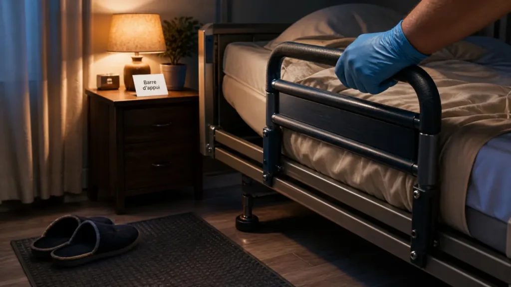 Matériel médical pour se lever du lit : barre d’appui sur lit médicalisé