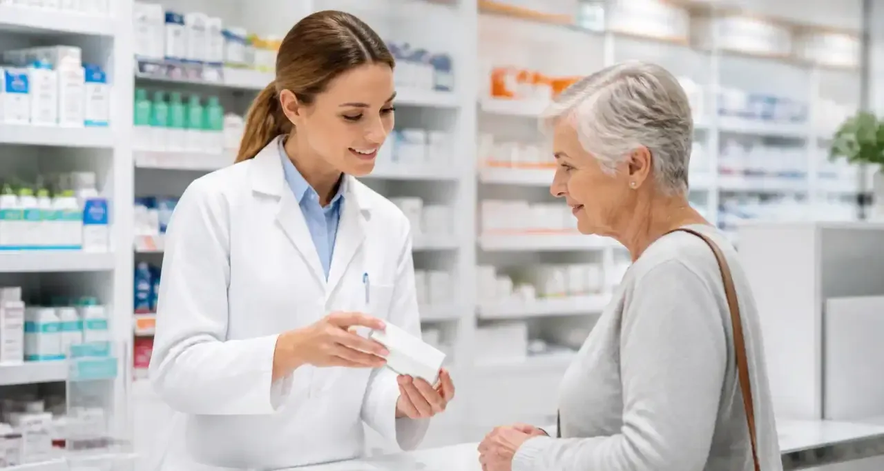 Pharmacien en conseil auprès d'une cliente dans une pharmacie moderne