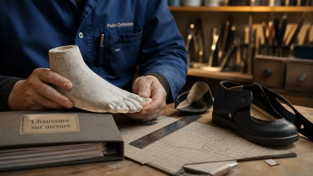 Chaussures orthopédique sur mesure : moulage du pied en atelier