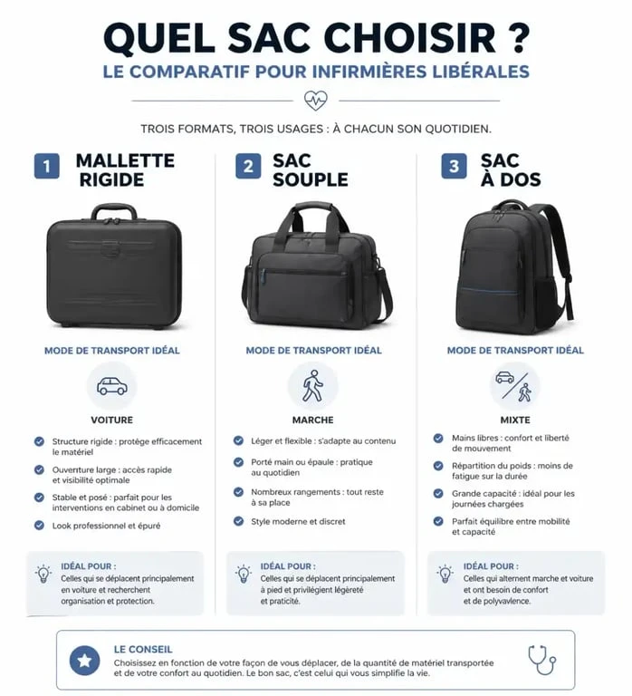 Infographie comparative des types de mallettes pour infirmière libérale : choisir son sac selon sa tournée.