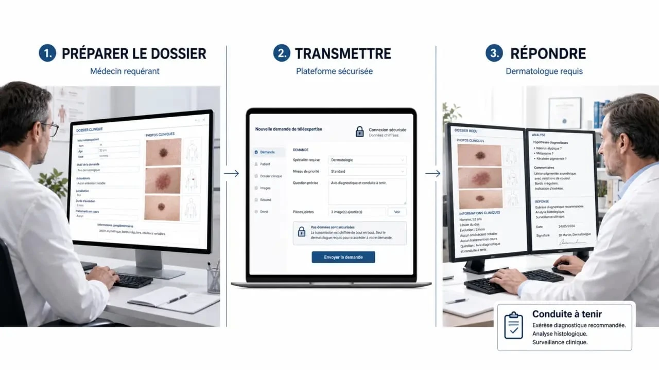 Schéma de téléexpertise dermatologie montrant le parcours du médecin requérant vers le dermatologue requis
