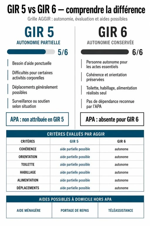 Comparatif GIR 6 et GIR 5 dans la grille AGGIR avec aides possibles à domicile