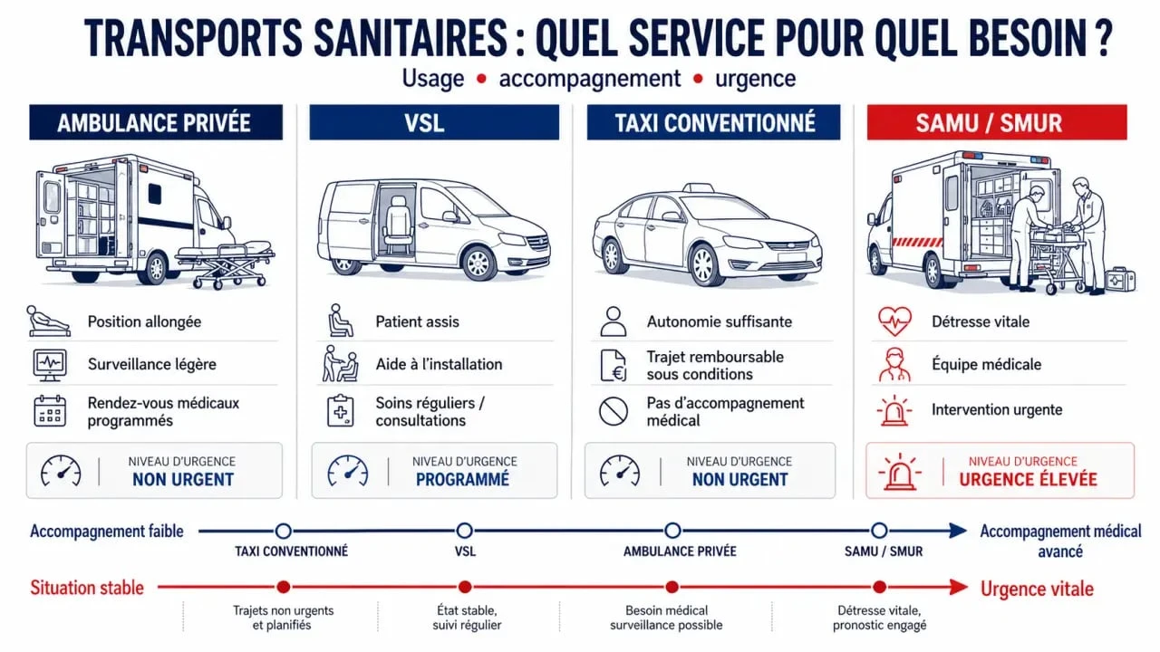 Comparatif ambulance privée, VSL, taxi conventionné et SAMU/SMUR