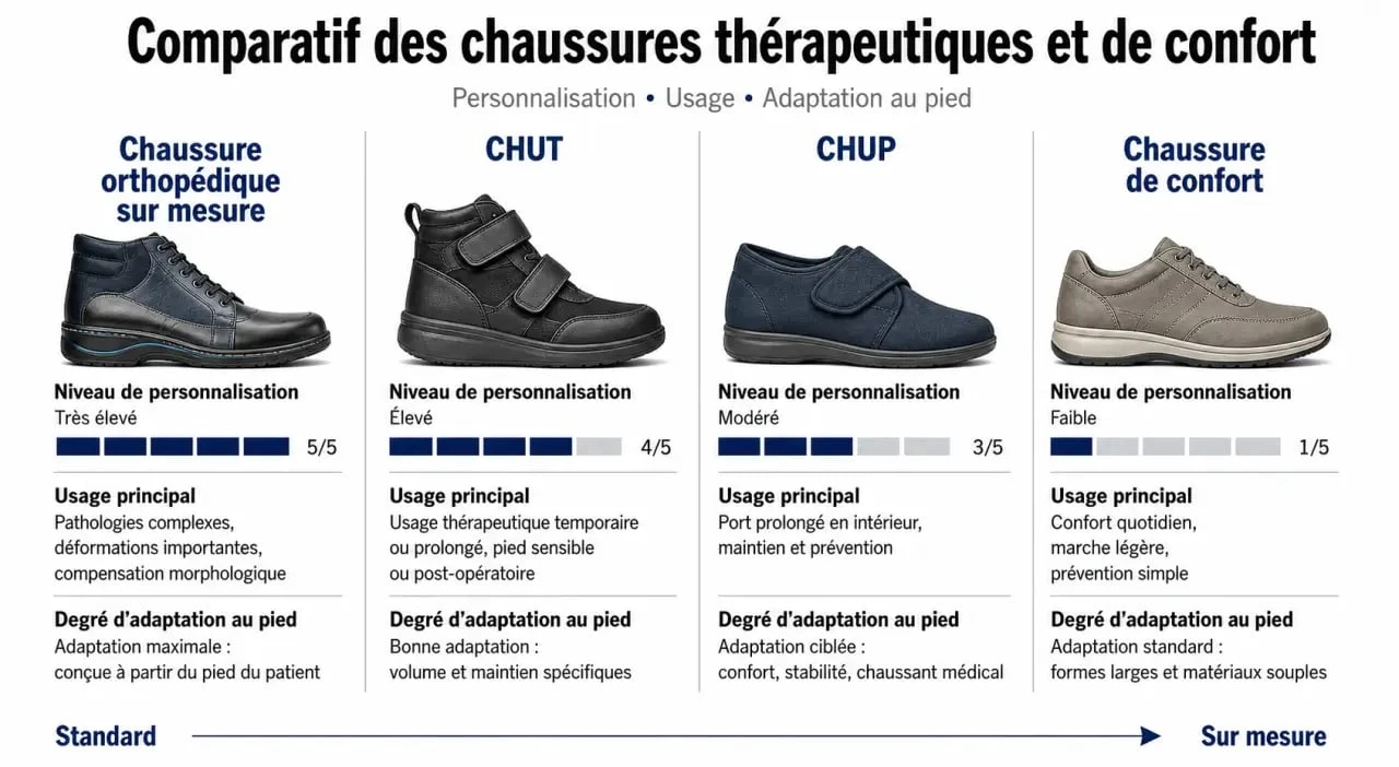 Chaussures orthopédique sur mesure comparées aux CHUT, CHUP et chaussures de confort