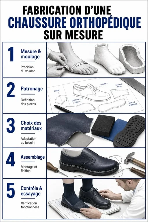 Chaussures orthopédique sur mesure : étapes de fabrication du moulage au contrôle final