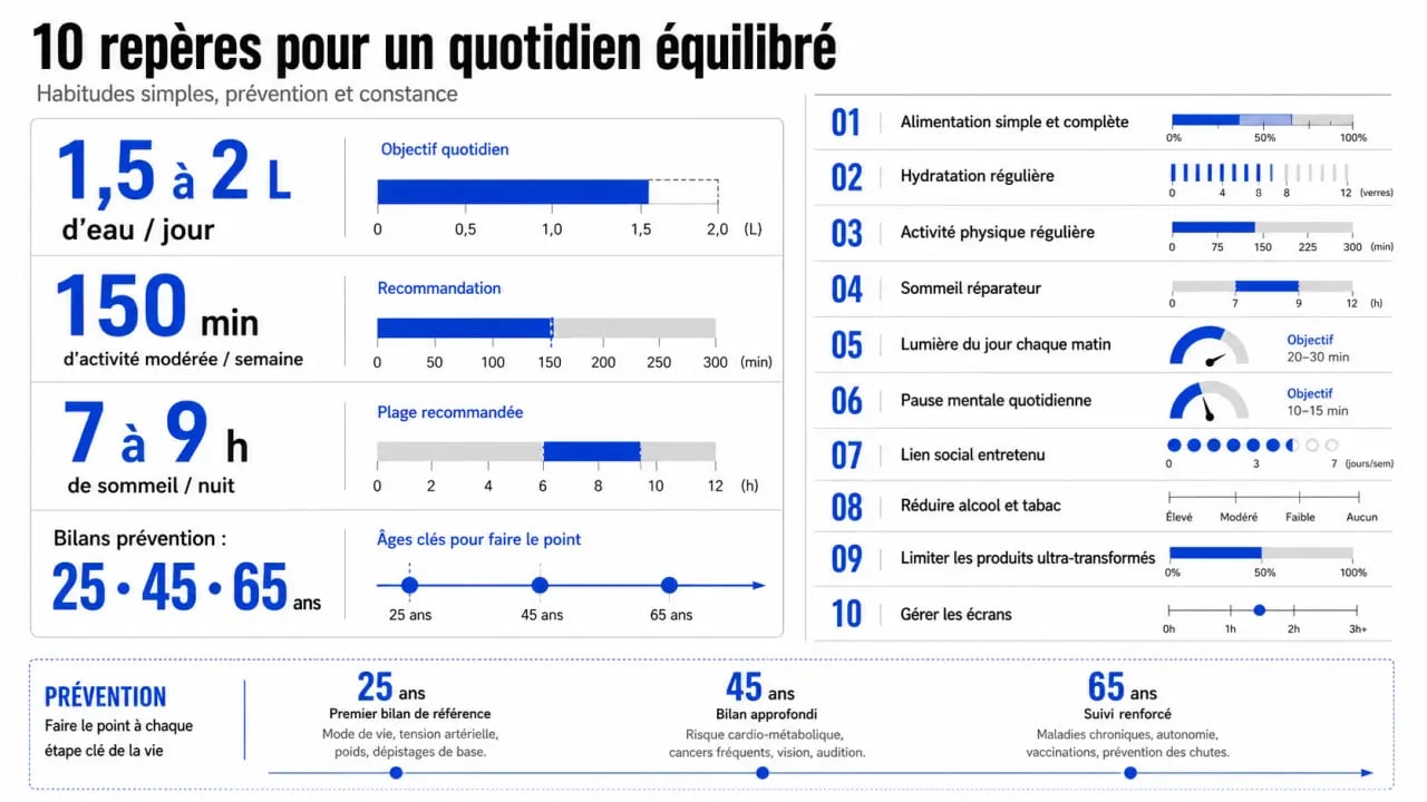 10 conseils pour adopter un mode de vie plus équilibré au quotidien, synthèse visuelle des repères santé clés