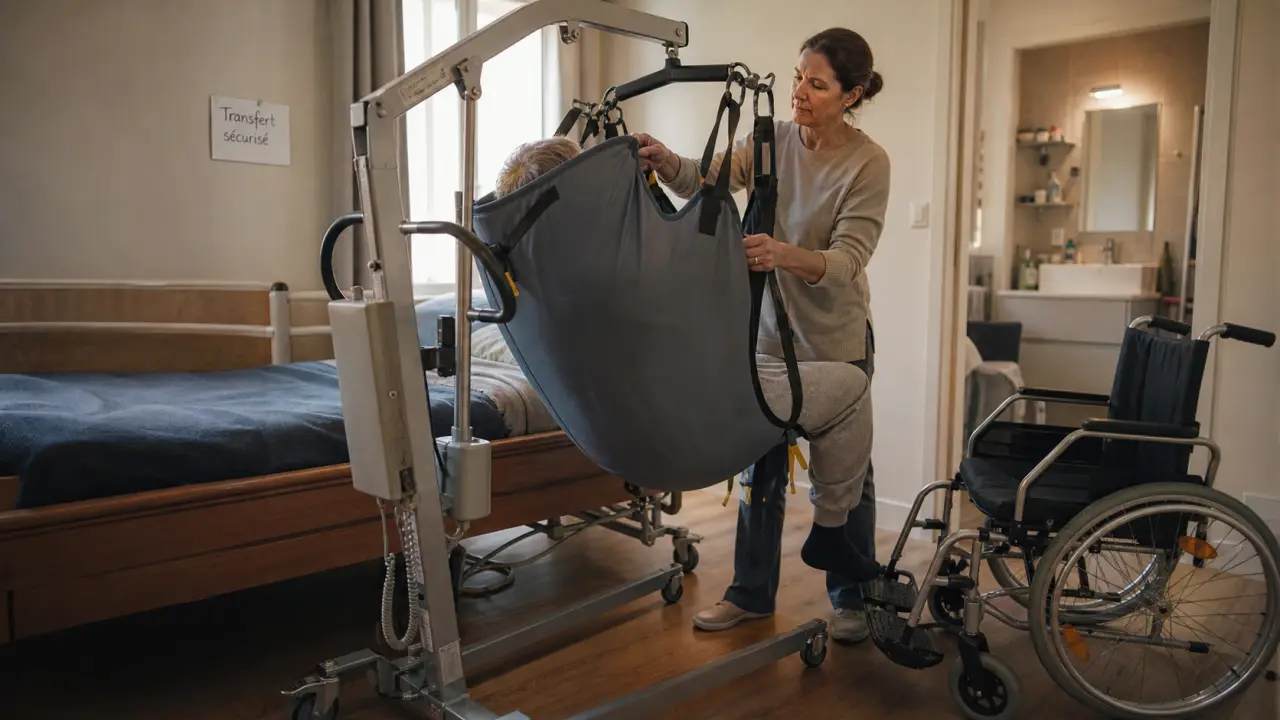 Lève personnes à domicile pour transfert sécurisé, hamac entre lit et fauteuil