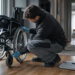 Location fauteuil roulant : installateur règle les freins et repose-pieds