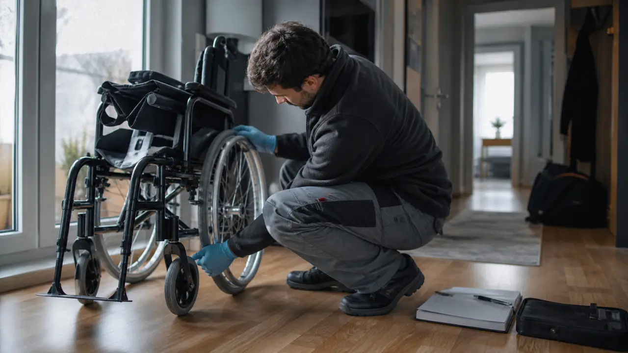Location fauteuil roulant : installateur règle les freins et repose-pieds