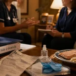 Soins infirmiers aide domicile après hospitalisation : infirmière et aide à domicile