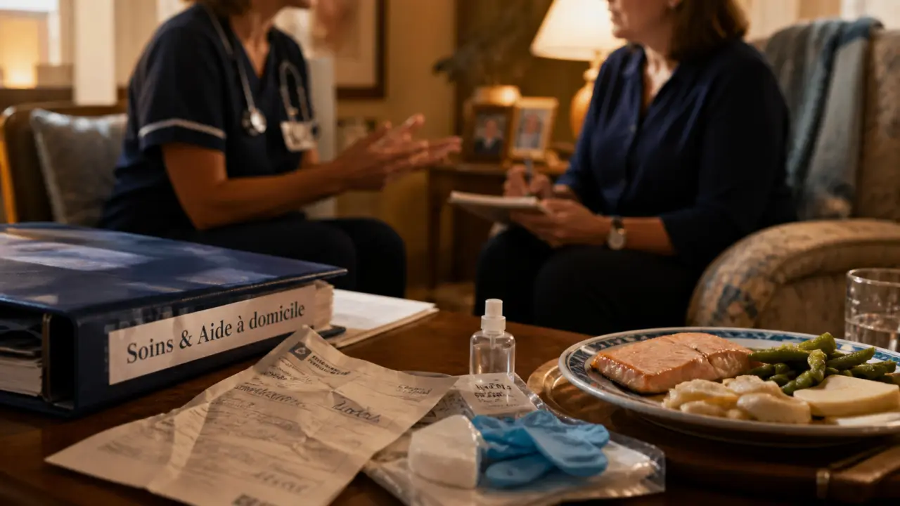 Soins infirmiers aide domicile après hospitalisation : infirmière et aide à domicile