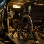 Taxi pour personne en fauteuil roulant, fauteuil arrimé et rampe PMR