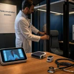 Téléconsultation pharmacien : cabine vitrée en officine avec vidéotransmission