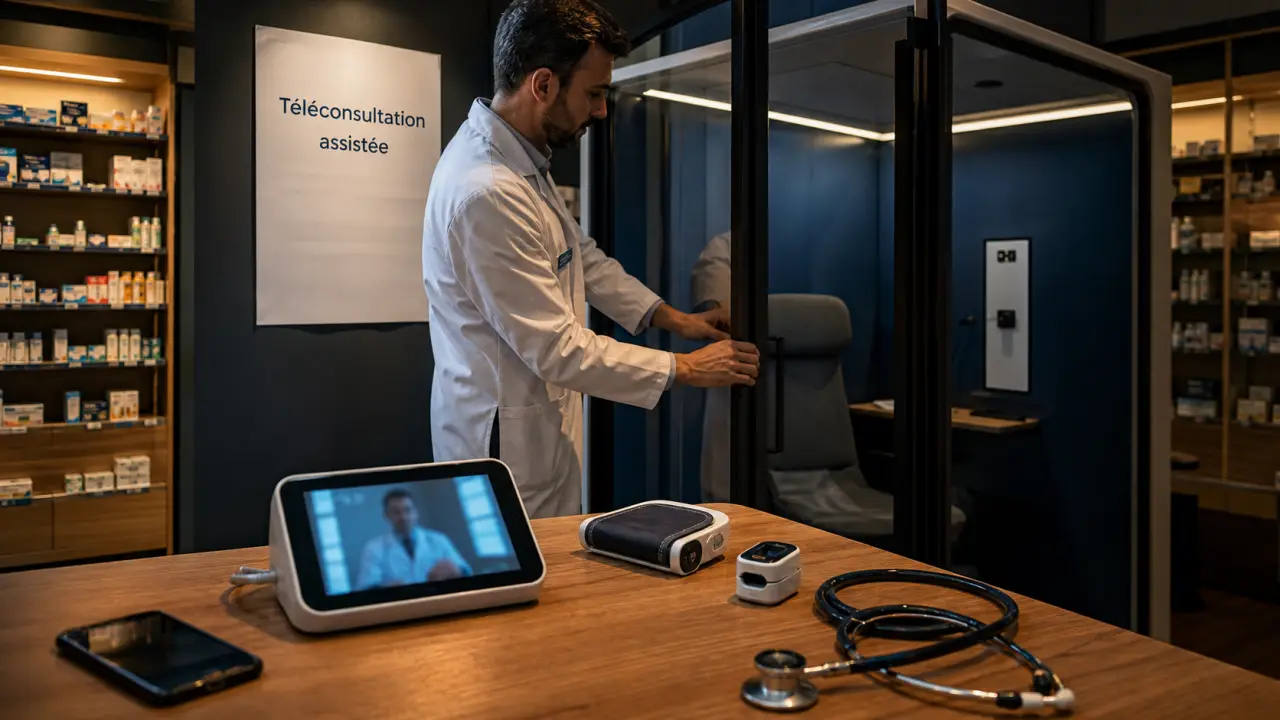 Téléconsultation pharmacien : cabine vitrée en officine avec vidéotransmission