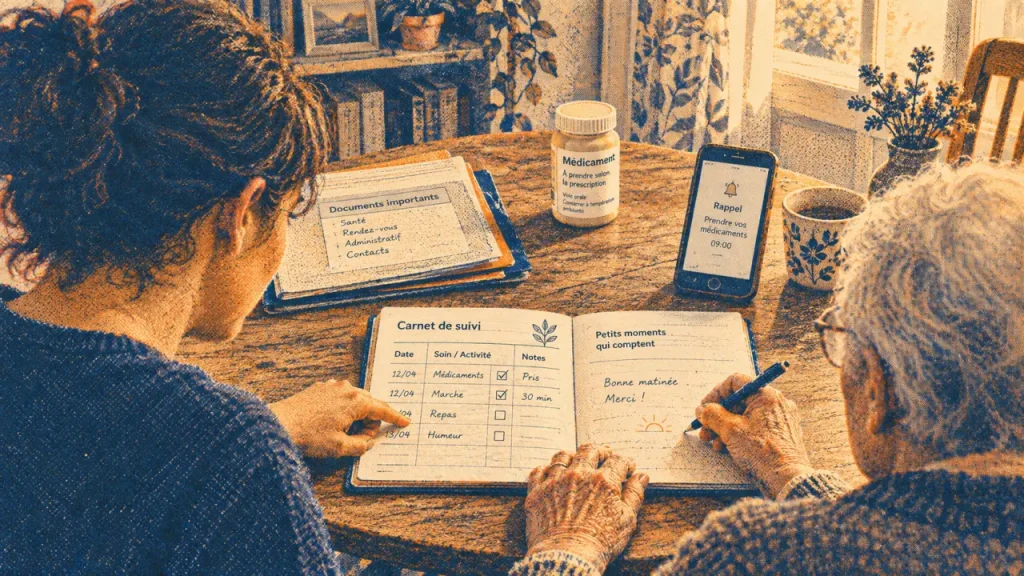 Accompagnement personne agee : aidant et personne âgée complètent un carnet de suivi