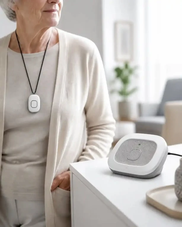 Bip pour personne âgée porté en pendentif dans un intérieur domestique