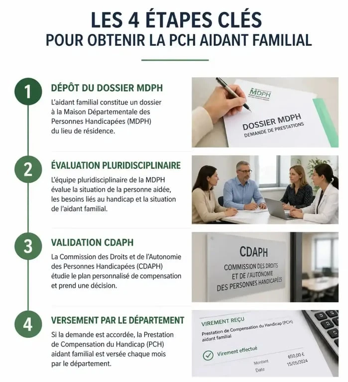Schéma des étapes pour obtenir la PCH aidant familial