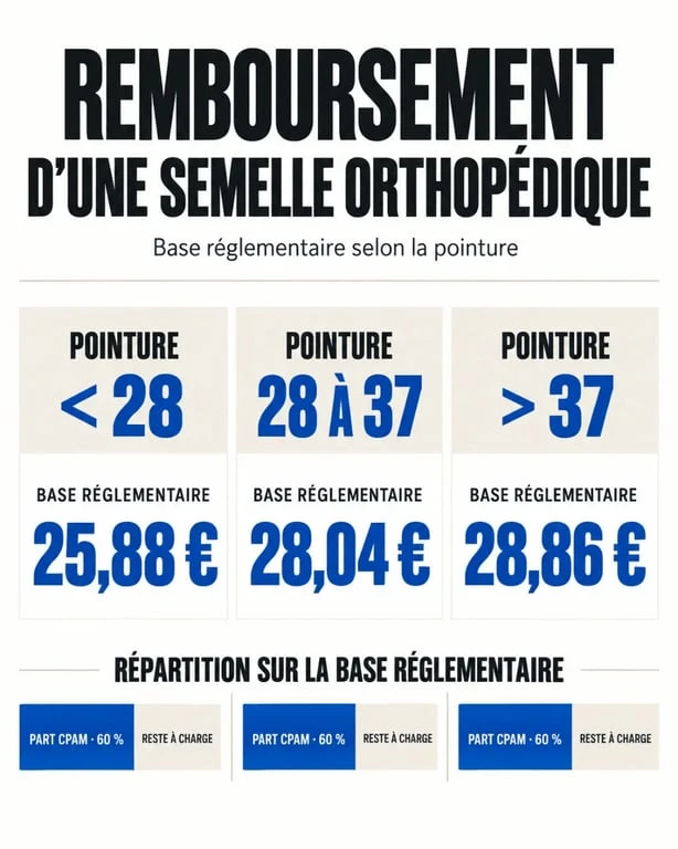 Infographie sur le remboursement d’une semelle orthopédique selon la pointure et la base CPAM