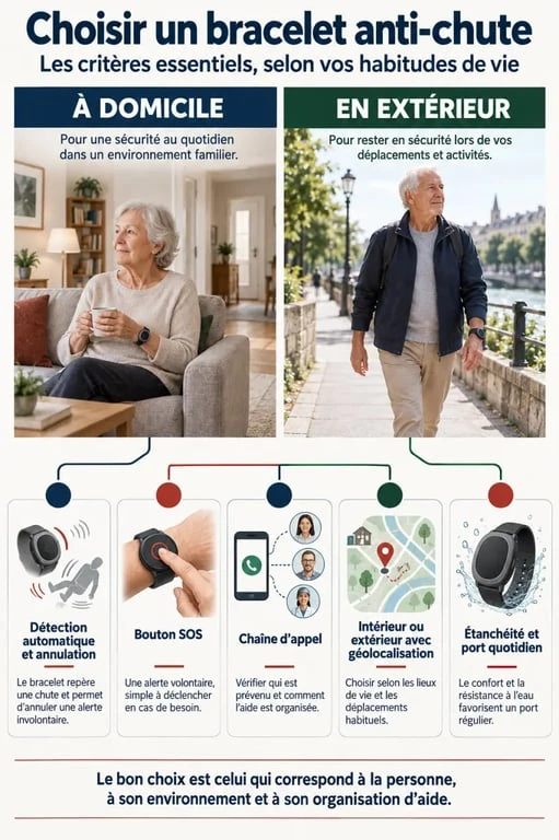 Infographie pour choisir le meilleur bracelet anti chute selon les fonctions et le lieu de vie