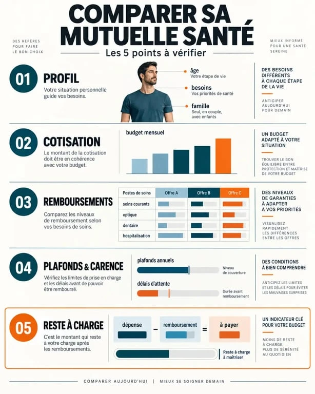 Infographie sur le comparatif mutuelle assurance santé et les critères de remboursement