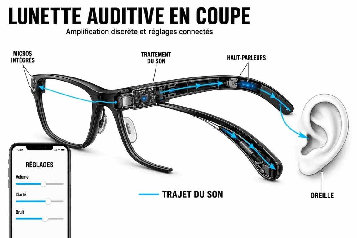 Lunette avec appareil auditif : schéma du fonctionnement et des composants intégrés