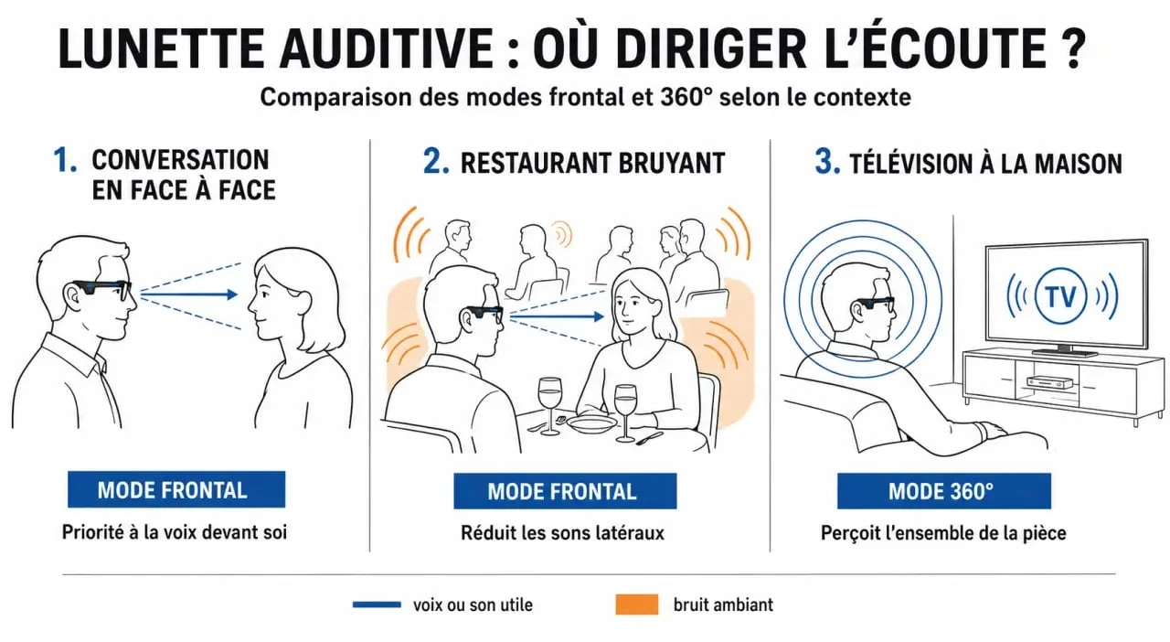 Lunette avec appareil auditif : comparaison des modes frontal et 360° selon les situations