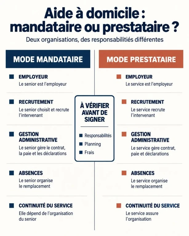 Comparaison mandataire prestataire senior pour choisir une aide à domicile