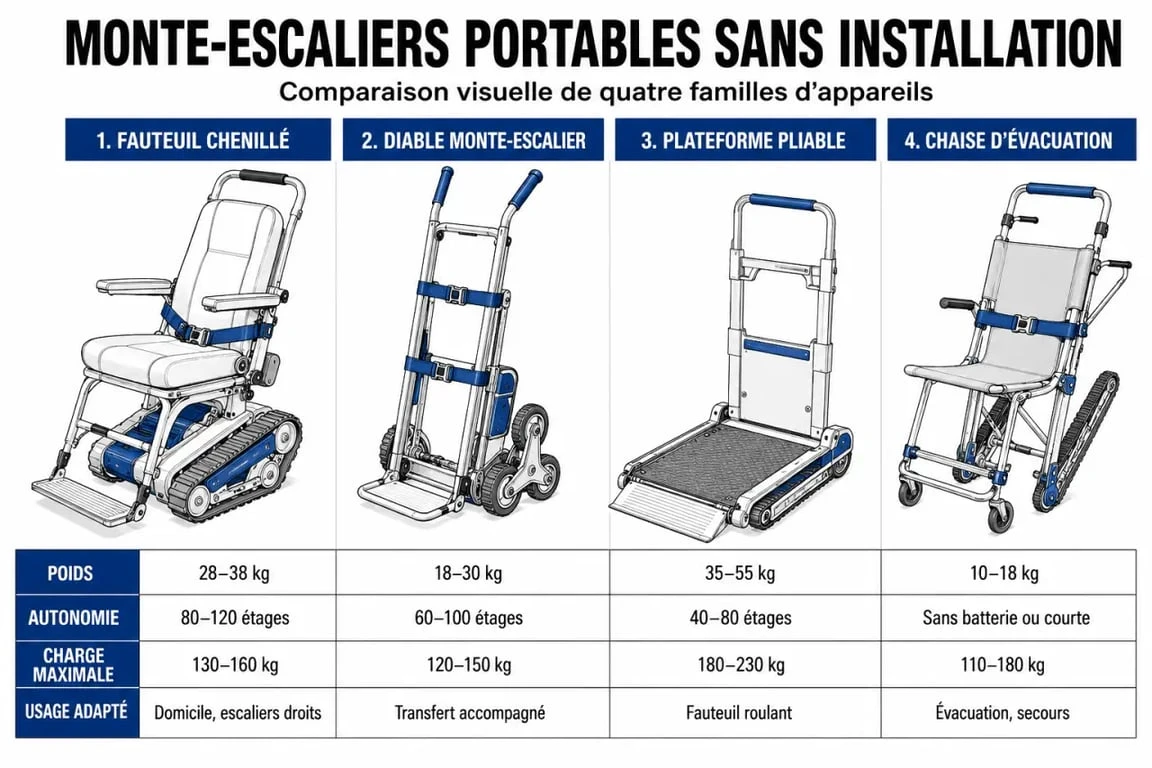 Monte escalier portable sans installation : tableau comparatif des familles d’appareils et de leurs critères clés