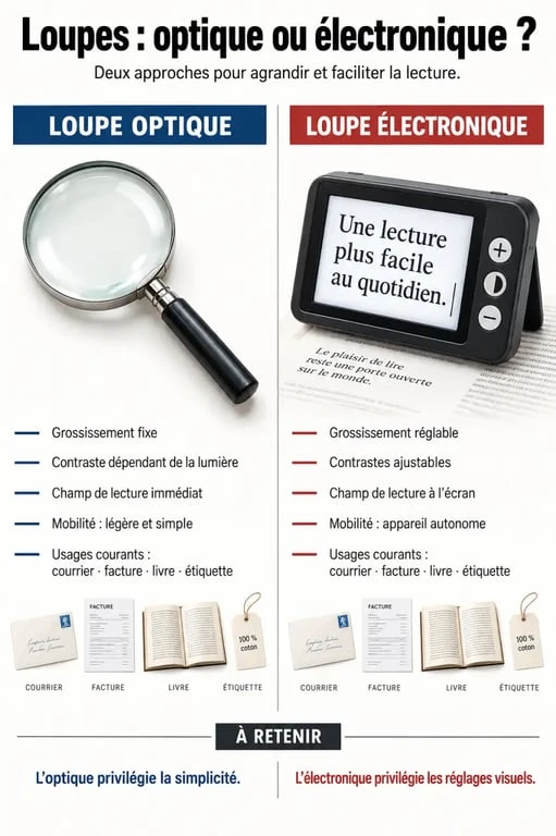 Infographie comparative des loupes électroniques et des loupes optiques