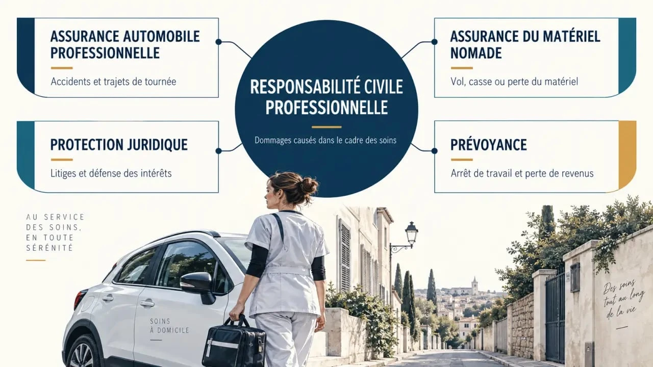 Assurance infirmier domicile : schéma des garanties RCP, auto, matériel, protection juridique et prévoyance