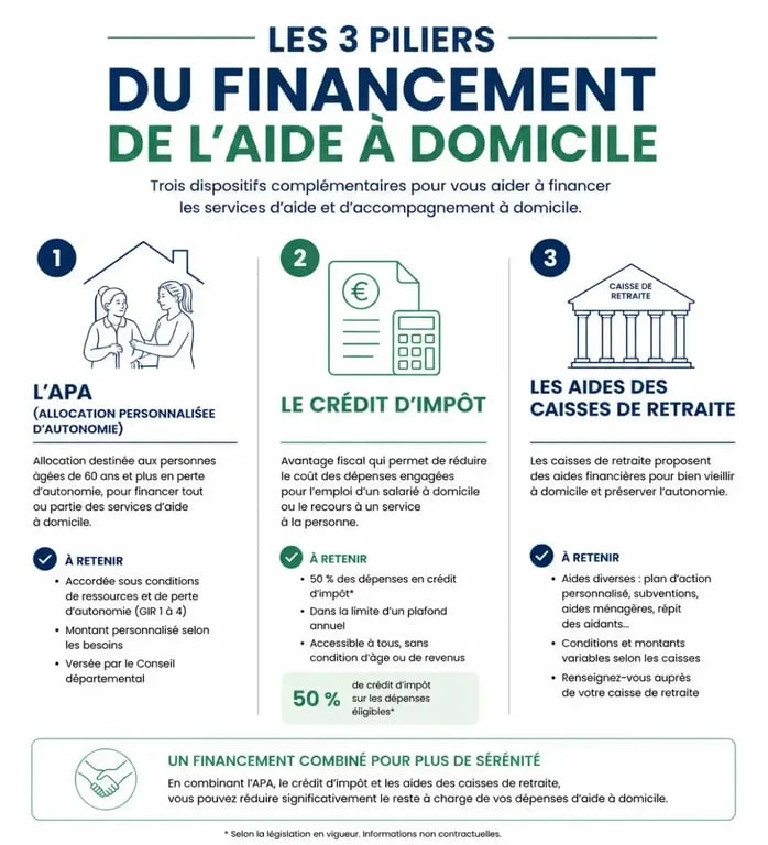 Infographie sur les aides financières pour l'aide à domicile personne âgée