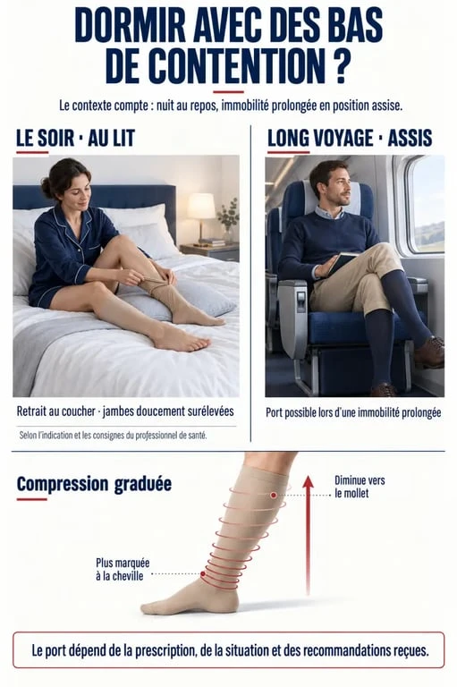 Infographie sur dormir avec les bas de contention et les situations où les porter la nuit