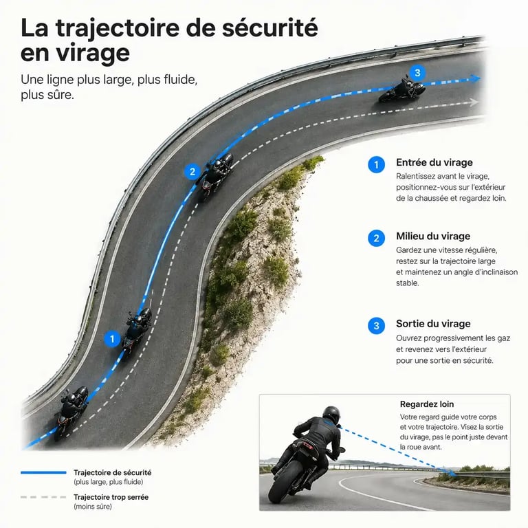 Schéma de la trajectoire de sécurité en moto pour prévenir les risques et les traumatismes liés aux deux-roues