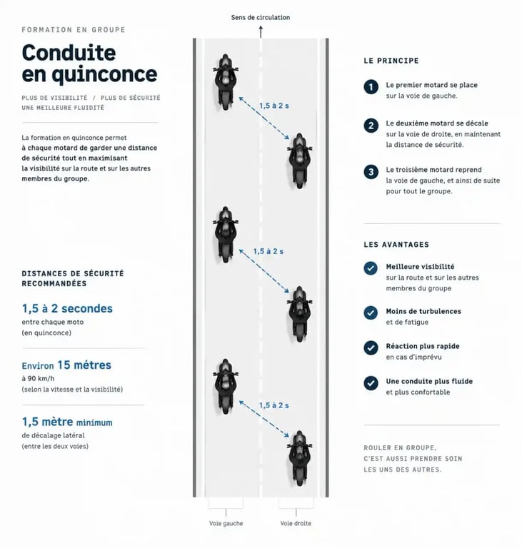 Schéma de la formation en quinconce pour rouler en groupe en deux-roues