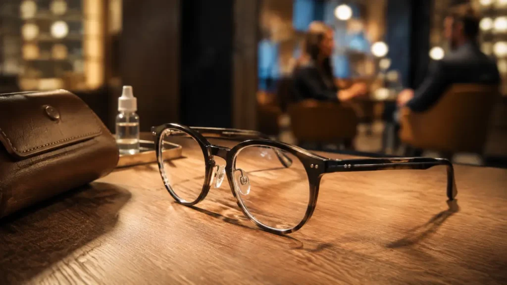 Lunette avec appareil auditif en boutique, monture et essai