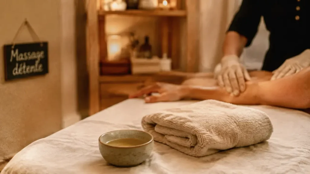 Massage schiltigheim en institut : table de soins, serviette chaude et huiles