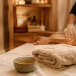 Massage schiltigheim en institut : table de soins, serviette chaude et huiles
