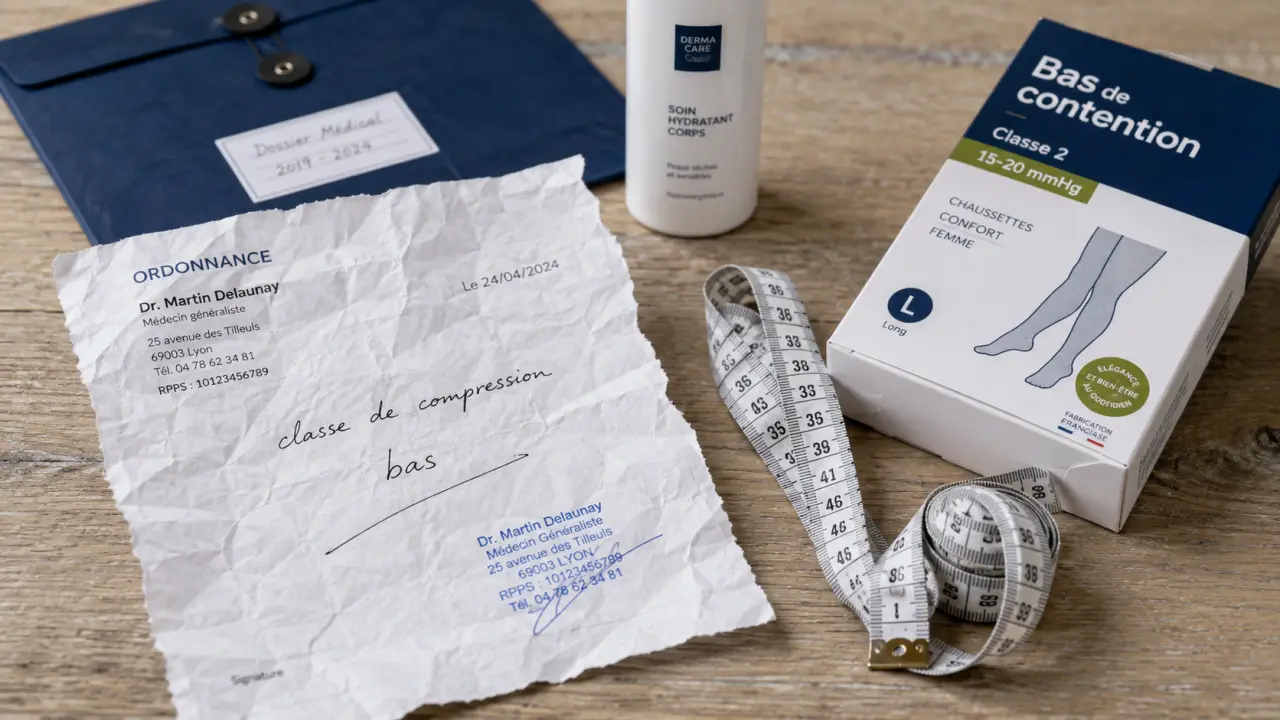 Prescription bas de contention : ordonnance et bas compressifs sur table