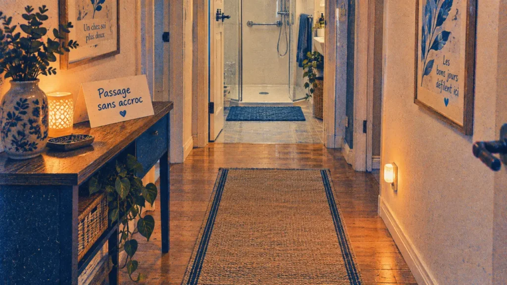 Prévenir chutes domicile : passage dégagé et tapis bien fixé