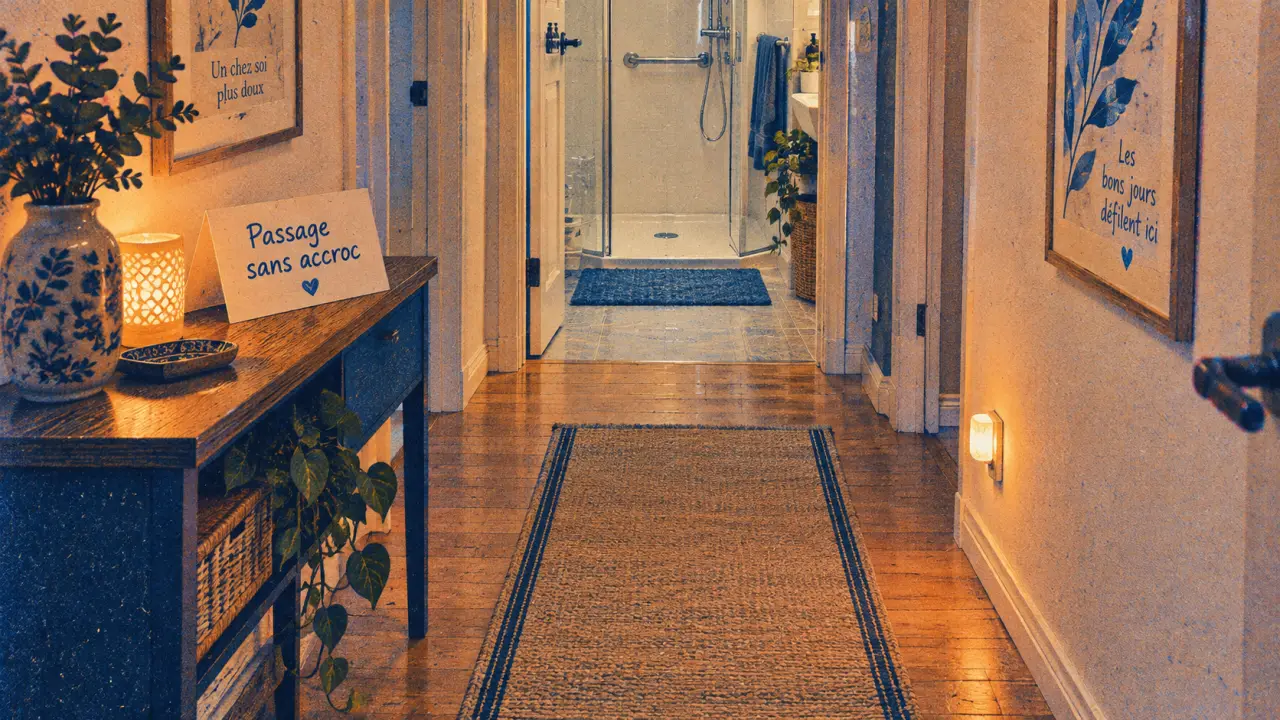 Prévenir chutes domicile : passage dégagé et tapis bien fixé