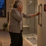 Sécurité senior : alerte chute sur écran mural près de la barre d’appui en salle de bain