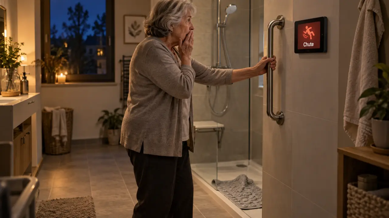 Sécurité senior : alerte chute sur écran mural près de la barre d’appui en salle de bain
