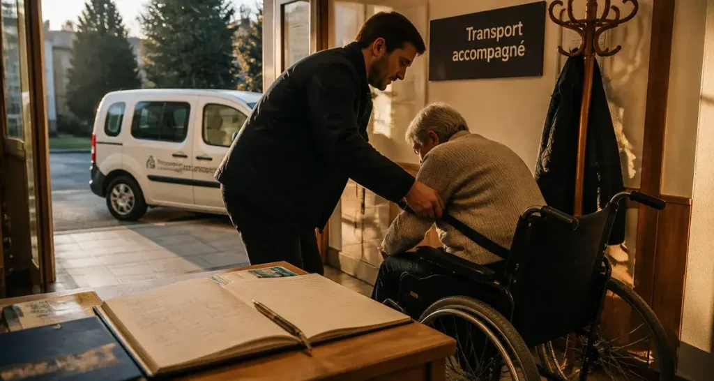 Transport accompagné senior : accompagnateur aide un senior en fauteuil roulant