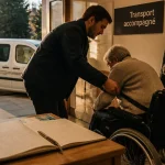 Transport accompagné senior : accompagnateur aide un senior en fauteuil roulant