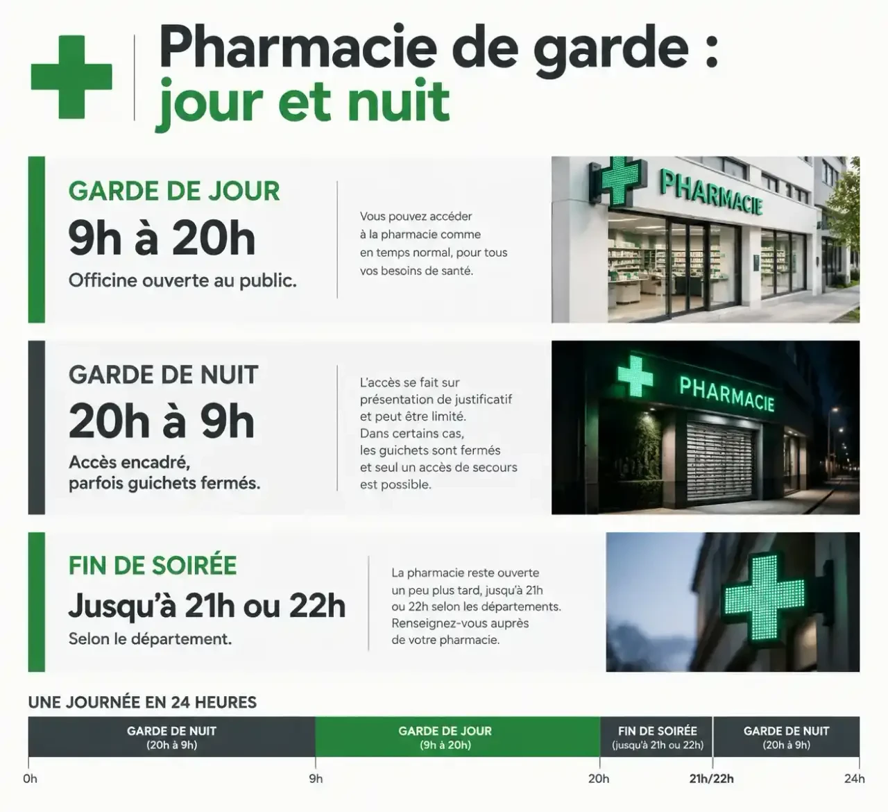 Frise horaire des créneaux de la pharmacie de garde à Strasbourg : garde de jour, garde de nuit et fin de soirée