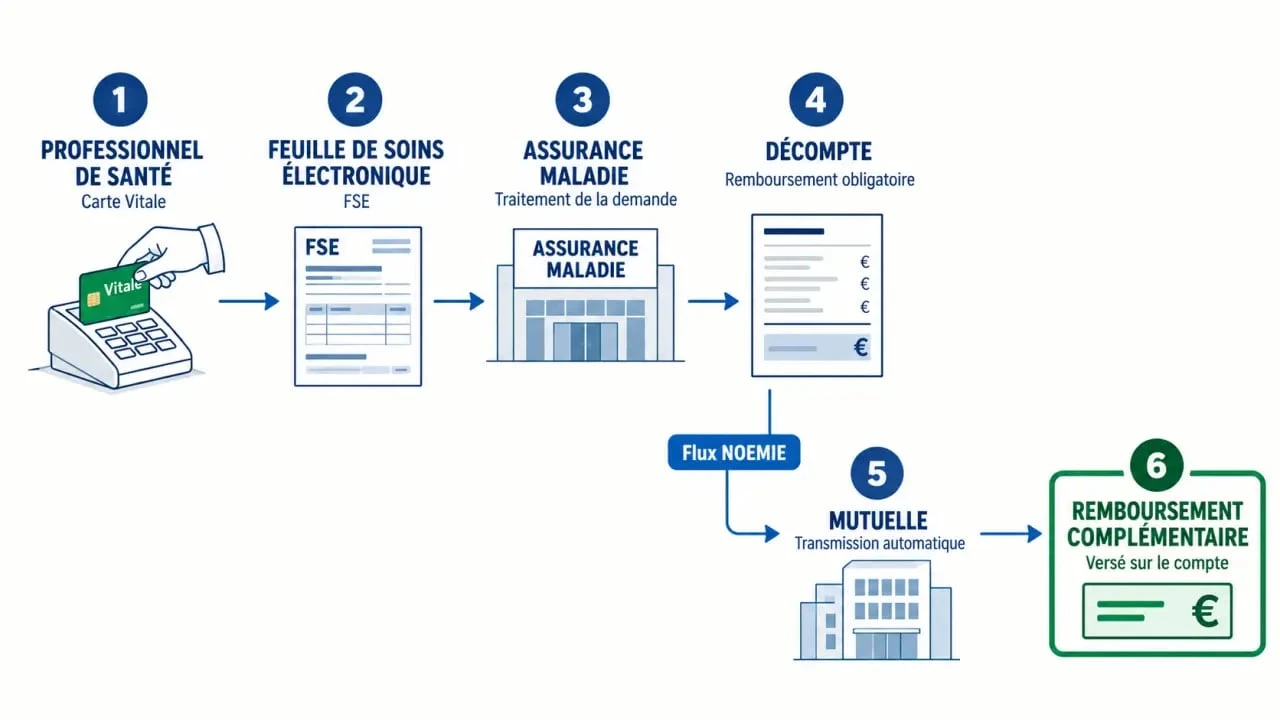 Schéma du parcours de télétransmission entre carte Vitale, Assurance Maladie et mutuelle